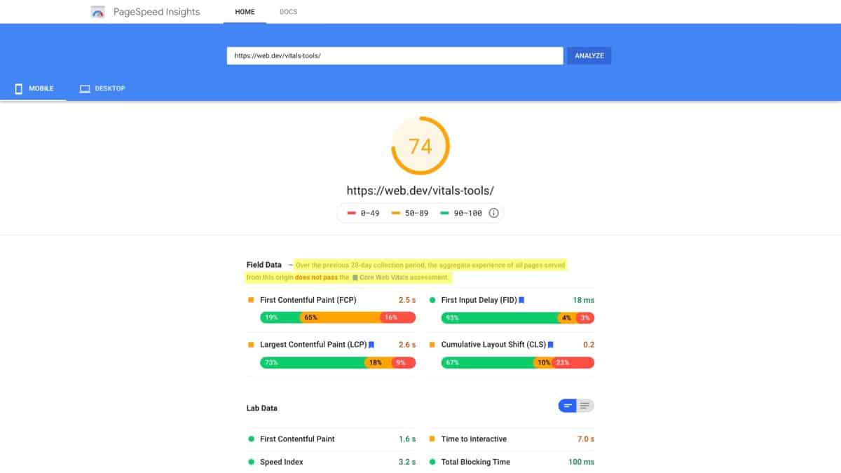 74% Google PageSpeed Insights score
