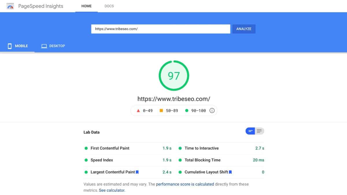 97% Google PageSpeed Insights score