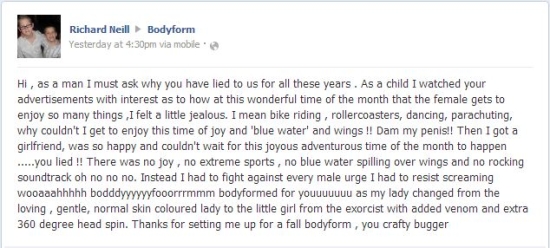Bodyform - Richard's post on Facebook